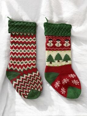 Bundle Of 2 World Market Fair Isle Snowman Knit Winter Christmas Stockings
